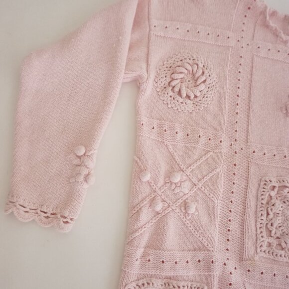 Vintage Exclusive Imports Pink Knit Embroidered Floral Pom Pom Crew Sweater M - Picture 8 of 12
